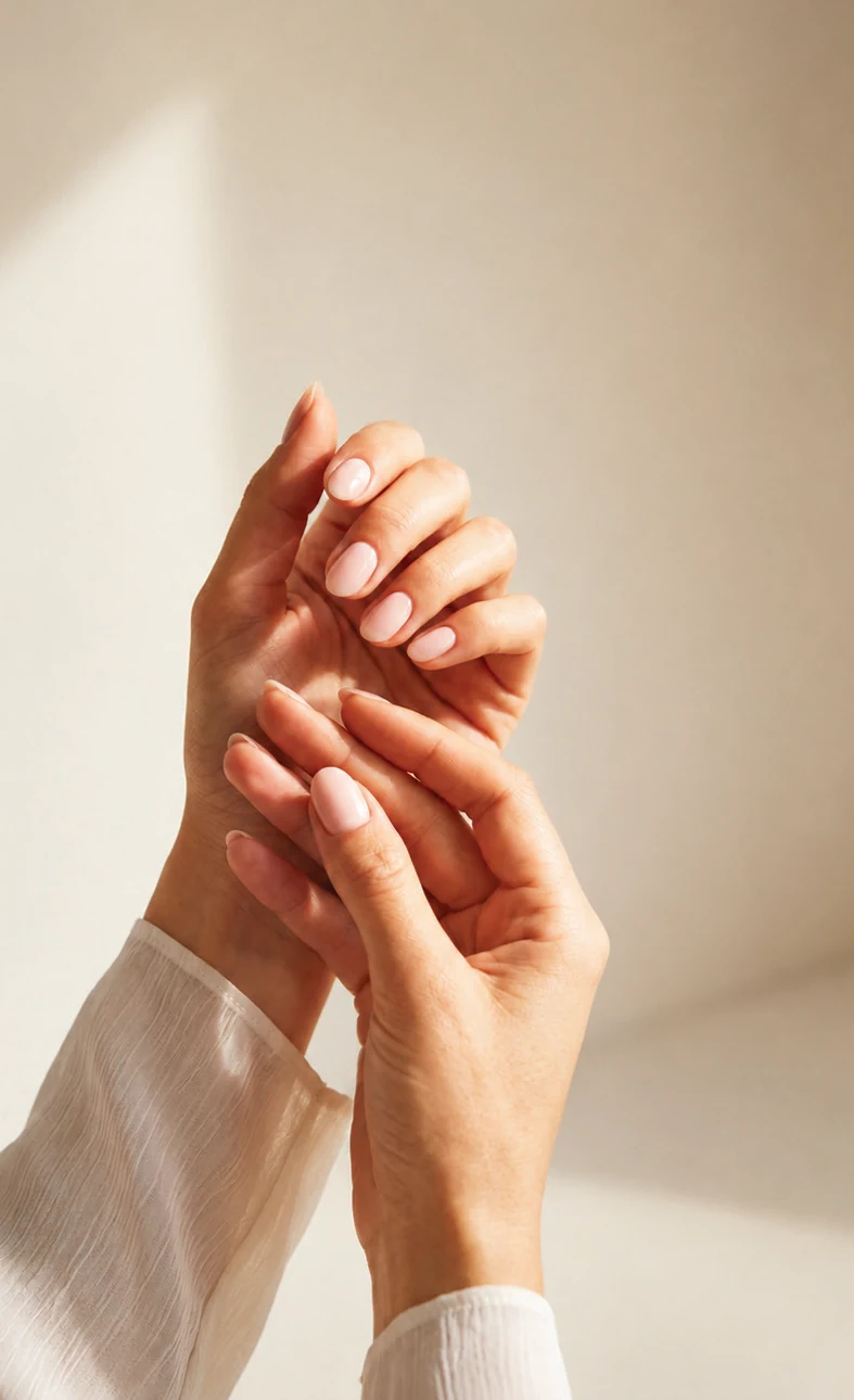 A mother's and a daughter's hands resting together, nails freshly painted